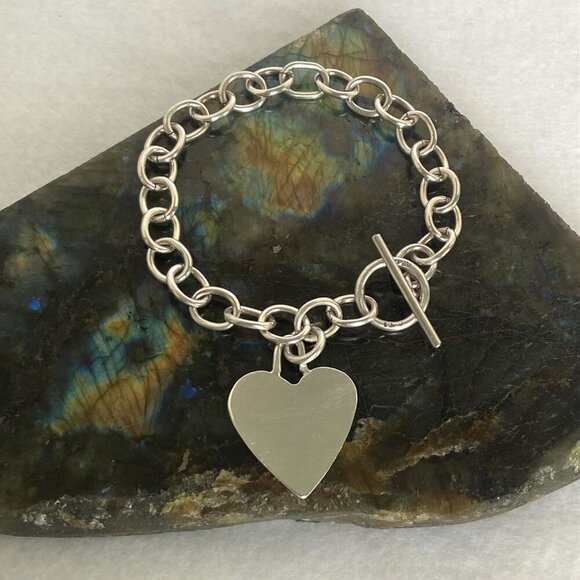 Sterling Silver 925 Cable Chain Blank Engraveable Heart Charm Bracelet 7.25" - Picture 4 of 16